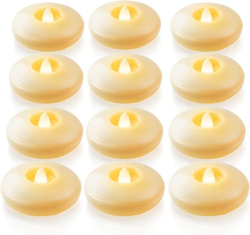 Image of Homemory 12 Pack 3 inch Flameless Led Floating Candles, 200 Hour Battery Operated Flickering Waterproof Tealights for Cylinder Vases, Centerpieces at Wedding, Party, Pool, Holiday (Ivory Base)