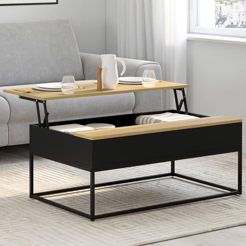 IDMarket - Table Basse Plateau relevable rectangulaire Boston 100 cm Noir Plateau Bois Design Industriel