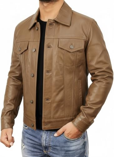 Image of Leather Trucker Jacket Men - Real Lambskin Shirt Style Vintage Fashion Mens Leather Jacket