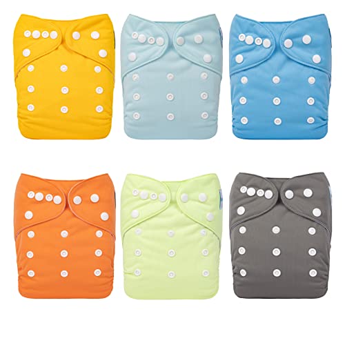 Image of babygoal Reusable Cloth Diapers 6 Pack+6pcs Rayon from Bamboo Inserts+Wet Bag, One Size Adjustable Washable Pocket Nappy Covers for Baby Boys 6FB42