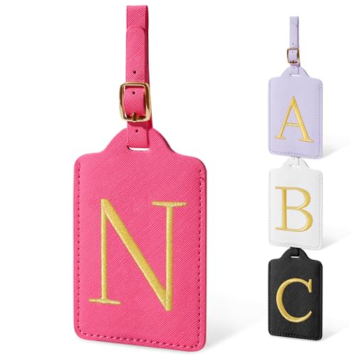 Image of Initial Letter Luggage Tags for Suitcases, Personalized Embroidered Letter Luggage Bag Suitcase Identifier Name Tag, Cute PU Leather Travel Luggage Tags, Bag Tags for Luggage Handbags(Rosered N)