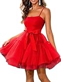 Kaei&Shi Poofy Short Tulle Dress,Spaghetti Strap Semi Formal Dresses for Women,Elegant Birthday Outfit Homecoming Cocktail Red Small