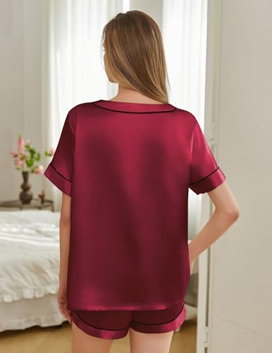 Image of Silk Pajamas for Women Short Sleeve Satin 2 Piece Pj Set Soft V Neck Sleepwear Loungewear, S-XXL