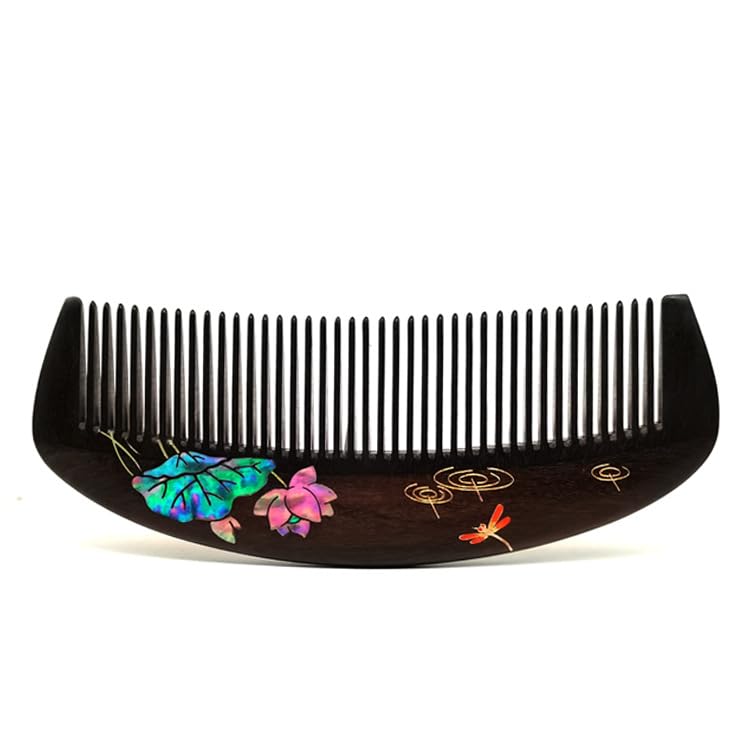 QinXingBaiHuoDian For Ancient Wooden Comb Women's and Men's Hair Comb 荷花蜻蜓檀木梳子螺钿镶嵌漆艺彩绘梳文创商务礼品(1Pcs 荷花蜻蜓檀木梳礼盒装（不含发簪）)