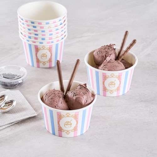 Image of Coppetta 8 Ounce Dessert Cups, 200 Greaseproof Ice Cream Cups - Lids Sold Separately, For Hot And Cold Foods, Pink And Blue Stripe Paper Yogurt Bowls, Disposable, Sturdy - Restaurantware