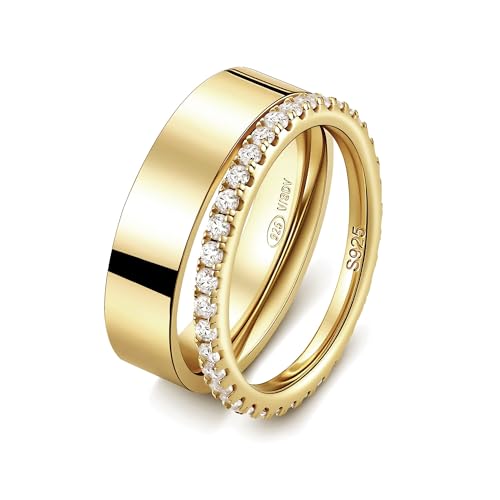 VISDIV 2 Pack Sterling Silver Eternity Ring & Gold Band for Women 2mm CZ Stackable Wedding Engagement Promise Rings Simple 5mm Plated Band Size 5-10 Gift Jewelry Set (Gold 8)