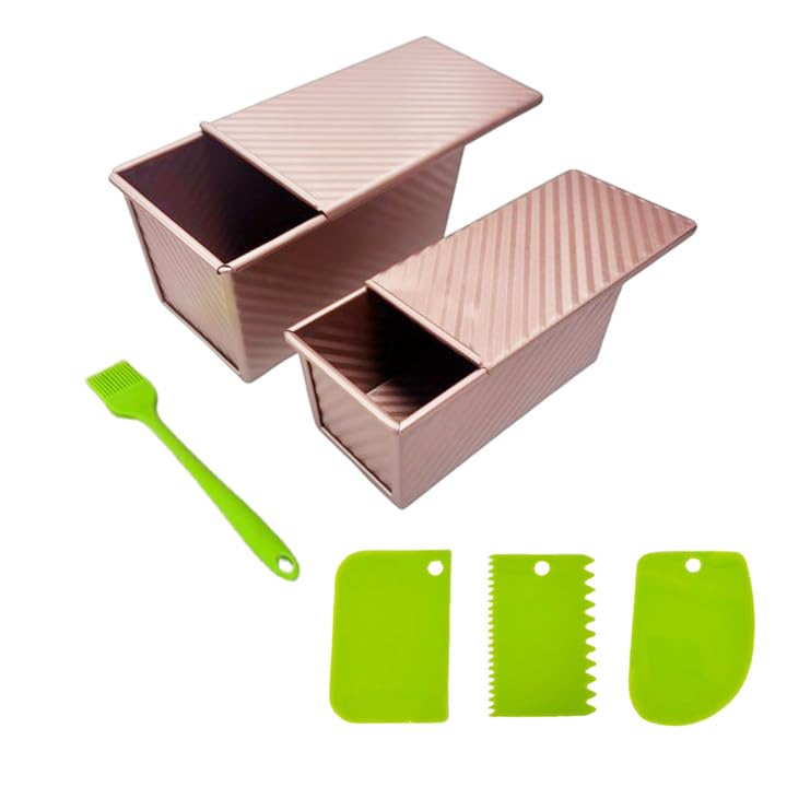2 Pack Pullman Loaf Pan with Lid Non-Stick Bread Pan with Lid1 lb/0.5 lb Dough Capacity Sandwich Bread Loaf Pan with Dough Scraper Cutter & Oil Brush