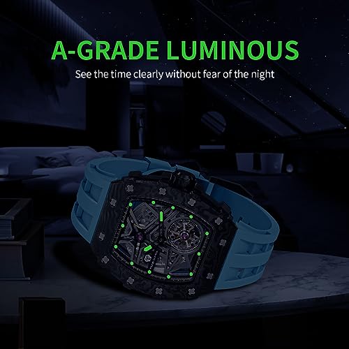 Image of TSAR BOMBA Men's Automatic Watch Tonneau Luxury Skeleton Watches for Men Mechanical 50M Waterproof Analogue Watches Mens Unique Cool Square Big Face Dial Wristwatch with Silicone Strap Band