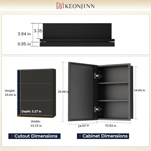 Image of Keonjinn 24 inch x 26 inch Black Medicine Cabinets Mirror, Wall Mount or in Wall