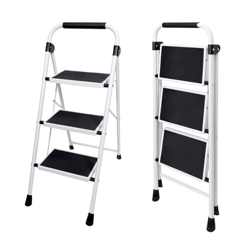 OLIXIS Step Ladder, 3 Sturdy Step Stool with Anti-Slip Pedal & Comfortable Handrail, Portable Heavy...