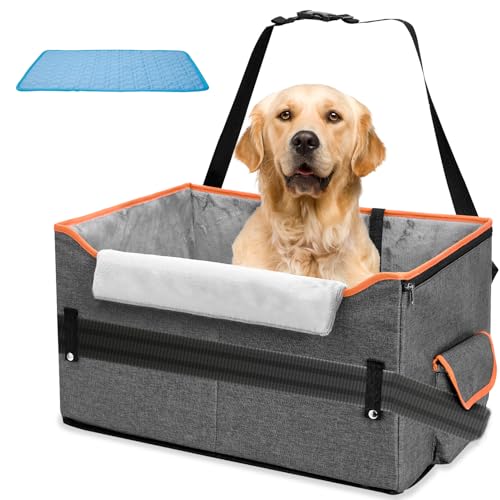 Portable Pet Booster Car Seat with Summer Cooling Mat, Storage Pockets & Safety Belt for Dogs Under 55 lbs or 2 Small Dogs