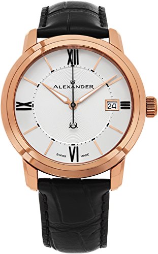 Alexander Heroic Macedon Mens Rose Gold Watch Leather Band - 40mm Analog Silver Face with Second Hand Date and Sapphire Crystal - Classic Swiss Made Quartz Dress Watches for Men Gold Tone A111-06