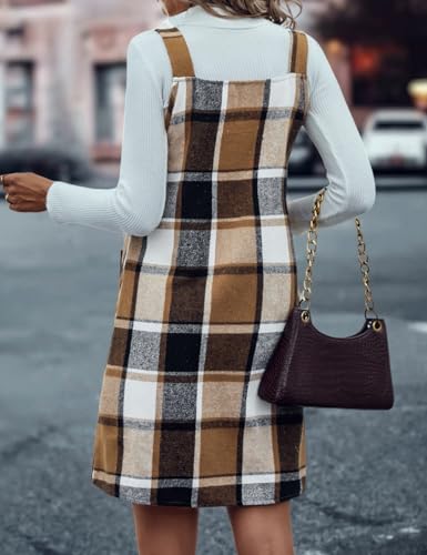 IDEALSANXUN Plaid Overall Dress for Women Fall Winter Sleeveless Plaid Dresses with Pockets2