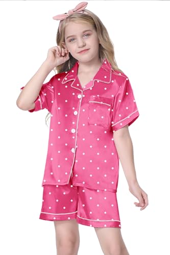 Image of Schbbbta Girls Womens Pajamas, Satin Silky Pjs Set Kids 2Pcs Button-Down Nightwear Sleepwear Gift for Mommy and me