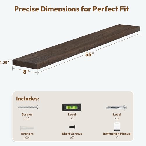 Image of Vivelove Elm Wood Floating Shelf 55x8 inch Set of 1, Dark Walnut