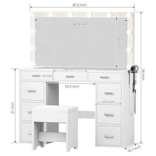 elifine Makeup Vanity Desk with Lighted Mirror, 47
