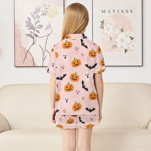 Satin Pajama Sets Short Sleeve Halloween Pumpkins Ghosts Bats Button Down Silky Nightwear 2 Piece PJS 5-14Y4