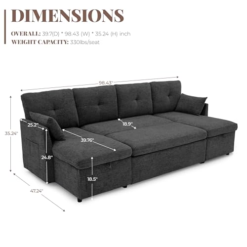 Image of Huatean Home Oversized Sleeper Sofa Couch, 100 inch 2 in 1 Pullout Couch Bed with Side Pockets for Living Room, Sectional Sleeper Sofa Bed with Double Storage Chaise, Black