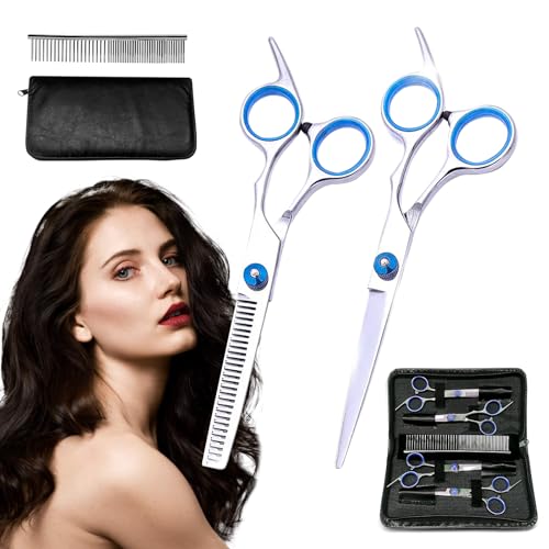 Kit Tesoura Cabelo Inox Tesoura Profissional Cabeleireiro Navalha Kit Barbeiro para animais de estimação Conjunto de 7 peças (Azul)