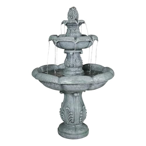 Image of SunJet 48 inch High 3-Tiers Modern Concrete Outdoor Water Fountain - Round Large Outdoor Fountains and Waterfalls for Garden, Patio, Yard, and Deck Decor, Featuring Natural Stone Look (Grey, 48 inch)