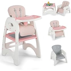 Trona Bebécar COSTWAY 6 en 1 Tronas de Bebe, Trona Evolutiva Bebe, Conjunto de Mesa y Silla con Bandeja Doble Extraíble, Arnés de Seguridad de 5 Puntos, Cojín de PU, Silla de Comer para Bebe (Rosa)