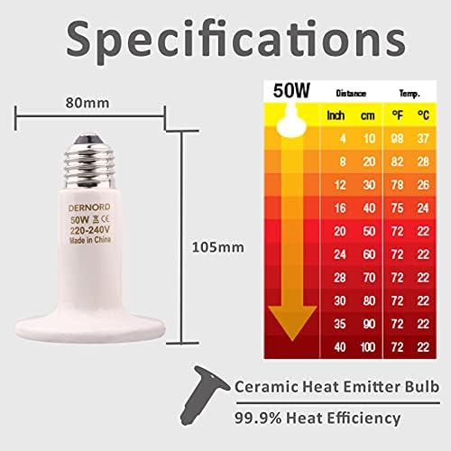 DERNORD Reptile Heat Lamp - 50 Watt Tortoise Heat Lamp Ceramic Heat Emitter Bulb for Terrarium Vivarium Bearded Dragon Lizard Snake Outside Dogs Brooder 220V E27,White