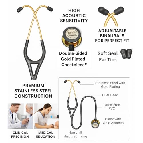 Image of Fidelis Healthcare Stainless Steel Dual Head Acoustic Stethoscope | Adult and Pediatric Stethoscope with Double-Sided Gold Plated Chestpiece | Perfect for Doctors, Medical Students with Flexible Tube and Soft Sealing Ear Knobs (Black)