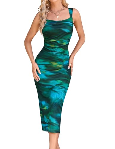 GRACE KARIN Mesh Dress for Women Tie Dye Bodycon Midi Stetchy Wedding Square Neck Party Cocktail