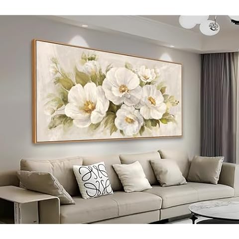 yearainn Abstract Flowers Framed Wall Art - Beige Flower Canvas Pictures Blooming Floral Painting Wall Decor Minimalist Peony Printing Artwork for Living Room Bedroom Home Decoration 29" x 58" Natural Cover