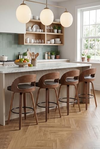 Image of AQG Swivel Bar stools Set of 4 Bar Chairs 30 inch Counter Height Mid-Century Modern Bentwood Barstool PU Leather Upholstered Bar Chair with Back and Footrest, for Bar, Cafe, Dining, Kitchen Island, Brown
