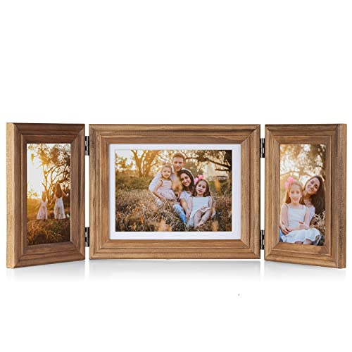 Tamolus 3 Vertical Horizontal Hinged Wood Picture Frame 4x6 and 5x7 Triple Folding Photo Frame Home Decor with Real Glass Front in Distressed Farmhouse Wood Grain for Tabletop, Display 4x6 with Mat or