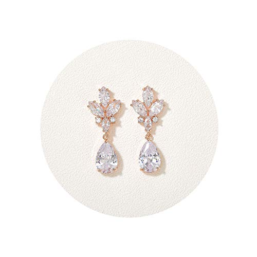 SWEETV Rose Gold Teardrop Bridal Wedding Earrings for Women, Brides, Birdesmaids, Crystal Cubic Zirconia Drop Earrings for Prom Jewelry Gifts