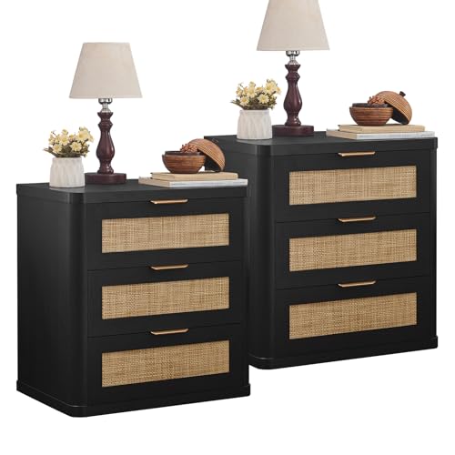 Image of LEYAOYAO Rattan Night Stand Set of 2 with Drawers, 23 inch Large 3 Drawer Boho Nightstand, Natural Wood Bedside Table Storage Cabinet, Bed Side End Tables Dresser for Bedroom, Living Room, Hallway, Closet
