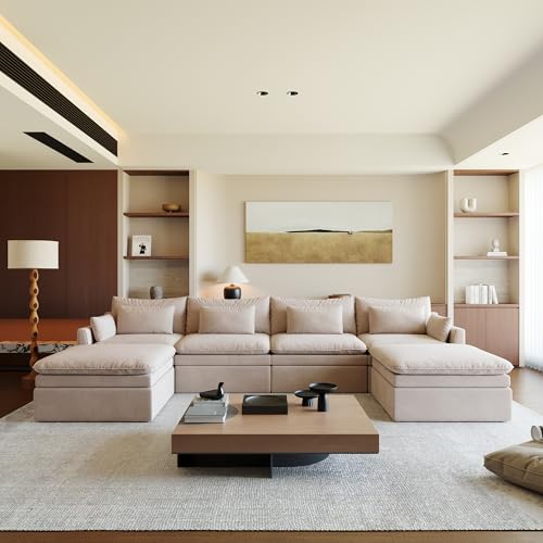 Image of WJShome Modular Sectional Sofa, Deep Seat U-Shaped Cloud Couch with Water-Resistant & Stain-Resistant Fabric, Removable Washable Covers,Modern Sleeper Sofa for Living Room, Apartment, Khaki