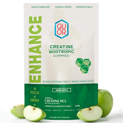 QUOR Enhance Creatine Gummies for Men & Women | Creatine HCl + Nootropic Stack | Cordyceps L-Theanine B12 | Vegan | Focus Energy & Strength (150 Count Sour Apple)