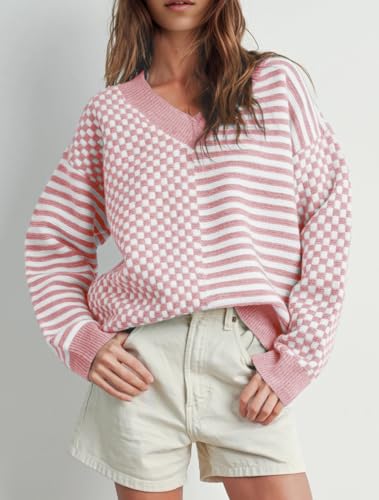 Image of UNCLECAT Womens Striped Checkered Sweater V Neck Fall Trendy Pullover Tops