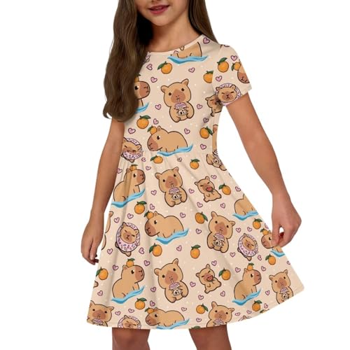 Image of Girls Dress with Pockets Basic Short Sleeve High Waist Swing Skater Dress School Party Dress for Kids