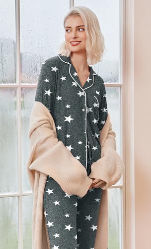 Image of Ekouaer Pajamas Women's Long Sleeve Sleepwear Soft Button Down Loungewear Pjs Lounge Set Nightwear XS-XXL
