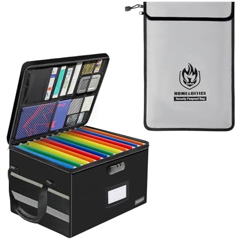 Andyer Fireproof Document Box with Lock Black & Large Fireproof Document Bag with 2 Pockets Grey Bundle Cover