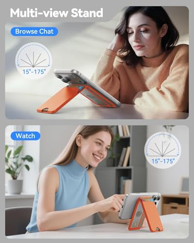 Image of Meyaar Magnetic Wallet for iPhone & Android | MagSafe Card Holder with 2 Adhesive Metal Rings | 5 Card Holder for MagSafe Cases & Android Phones | Vegan Leather (Orange)