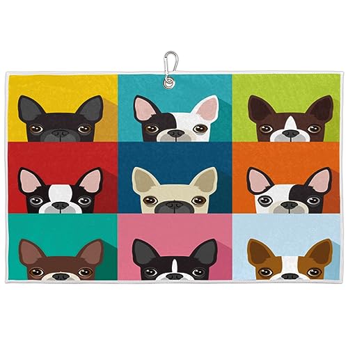 KOBLEN Boston Terrier Pattern Golf Towel with Carabiner 24x15 inches Microfiber Durable Perfect for Cleaning Clubs and Balls Essential Golfing Accessory for Men and Women