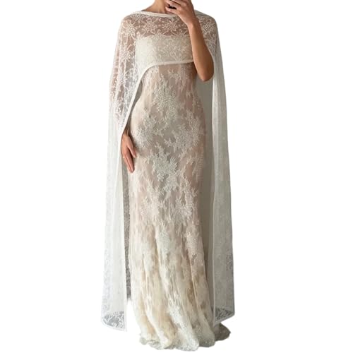 Amiblvowa Women Sheer Floral Lace Ponchos Y2K Mesh Bridal Cape Shawl Wraps Asymmetrical Flowy Evening Party Cover Up Capelet (Cute Lace White One Size)