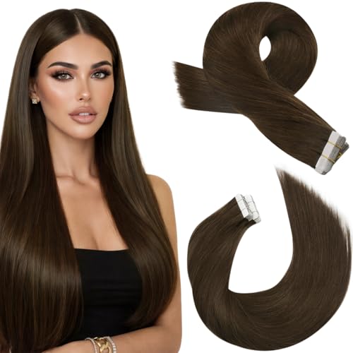 Image of Moresoo Dark Brown Tape In Human Hair Extensions, 10 Inch, 20Pcs, 30g | Tape in extensions human hair, Remy straight texture, flat tabs, short length for sleek bobs and center-part styling