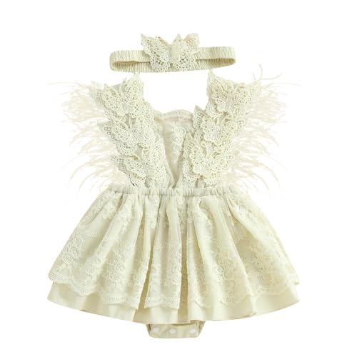 Newborn Baby Girl Romper Summer Dress Princess Wedding Dress Floral Lace Mesh Infant Jumpsuit Tulle Dress (Apricot, 18-24 Months)
