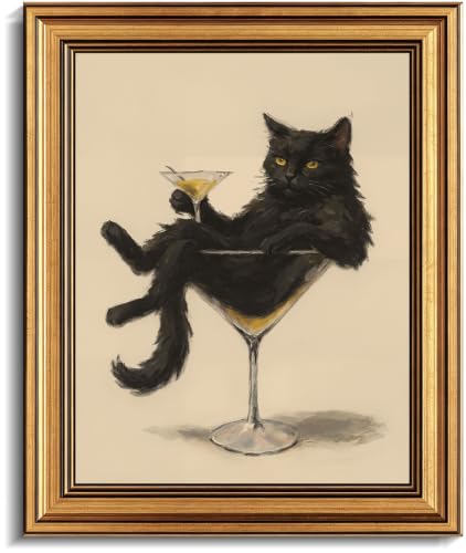 Image of Gold Framed 3D Textured Wall Art, Vintage Black Cat Martini Canvas Prints, Whimsical Cat Cocktail Pictures Decor, Humorous and fashionable Animals Gallery Artwork for Bathroom Home Bar 11x9 in