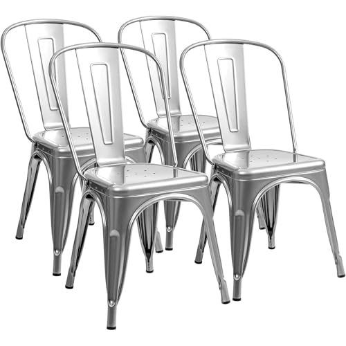 Image of Furmax Metal Dining Chair Indoor Outdoor Use Stackable Classic Trattoria Chair Chic Dining Bistro Cafe Side Metal Chairs Set of 4 (Sliver)