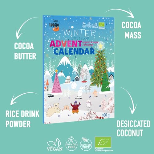 SUPER FUDGiO Vegan Adventskalender mit ORGANIC Schokolade | BIO Weihnachtskalende | Snack-Kalender für 2024 | 100g