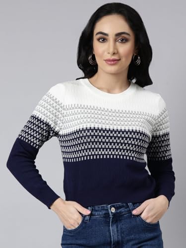 Image of SHOWOFFFF Women Geometric Fitted Casual Top | Round Neck Full Sleeves Knitted Top's for Womens | Regular Fit Midi Tops for Women's