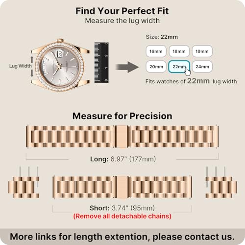 Image of Fullmosa 22mm Stainless Steel Watch Band, Quick Release Metal Replacement Strap with Removable Links, Includes Spring Bars & Link Removal Tool for Men Women (Rose Gold)