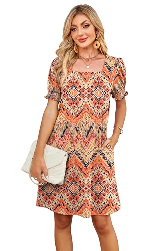 Image of RUMIA Summer Dresses for Women 2025 Casual Cute Square Neck Puff Short Sleeve Dress with Pockets